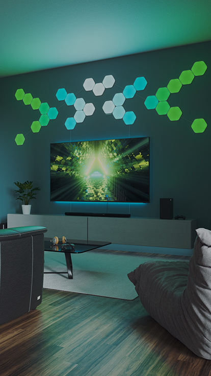 This is an image of a Nanoleaf Shapes Hexagons layout on the wall behind a TV in the living room. The RGB light panels are connected together with linkers and flex linkers.