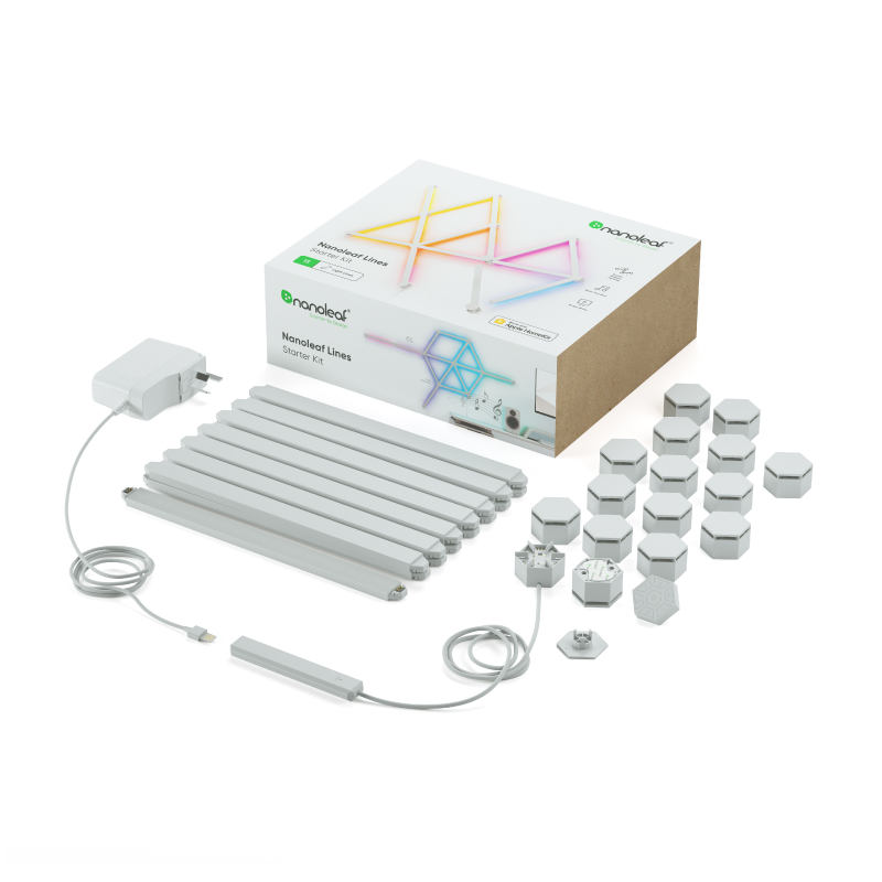 Nanoleaf Lines Thread enabled color changing smart modular backlit light lines. 15 pack. Has expansion pack, flex connector, and skins accessories. HomeKit, Google Assistant, Amazon Alexa, IFTTT.