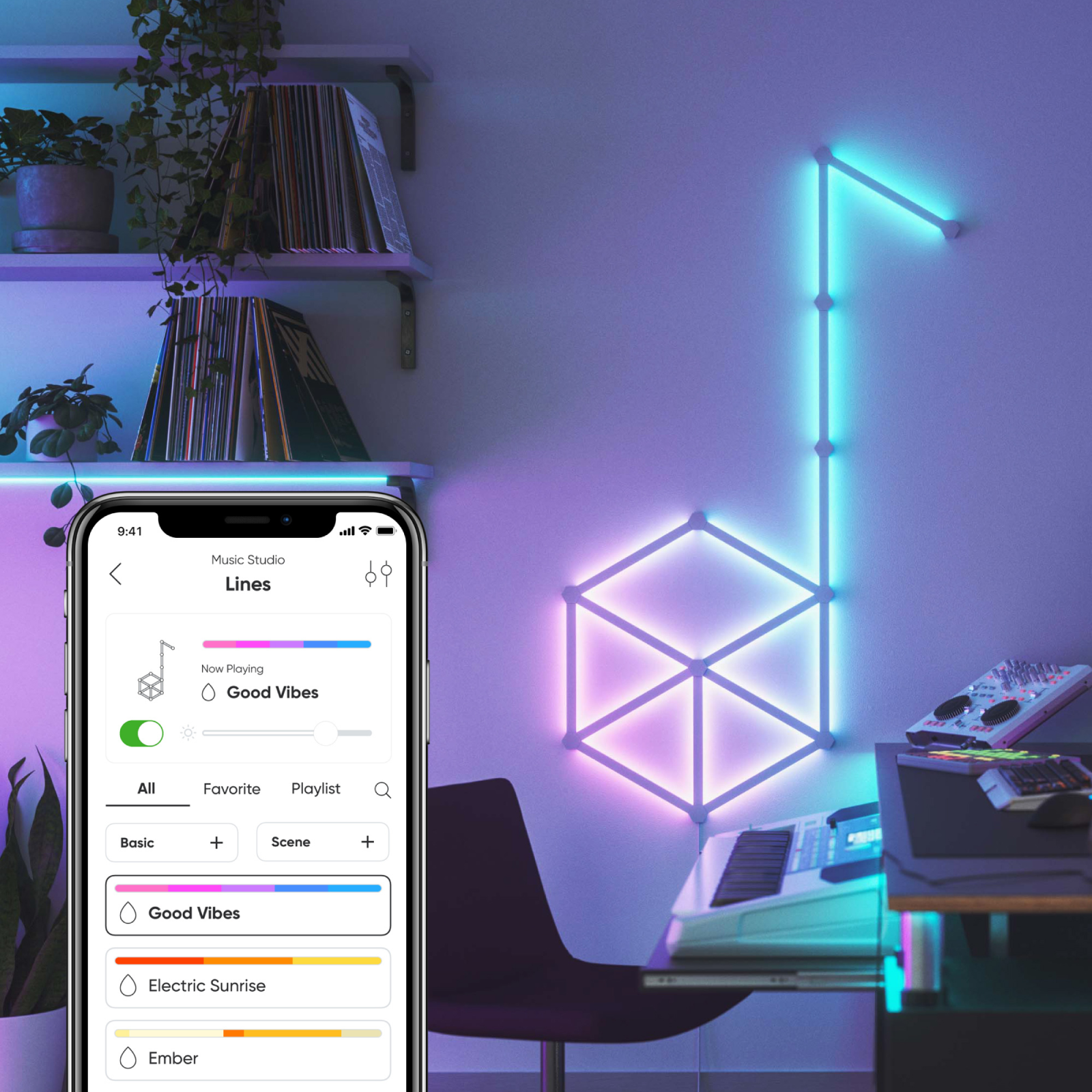 Nanoleaf Lines Thread enabled color changing smart modular backlit light lines. 9 pack. Has expansion pack, flex connector, and skins accessories. HomeKit, Google Assistant, Amazon Alexa, IFTTT.