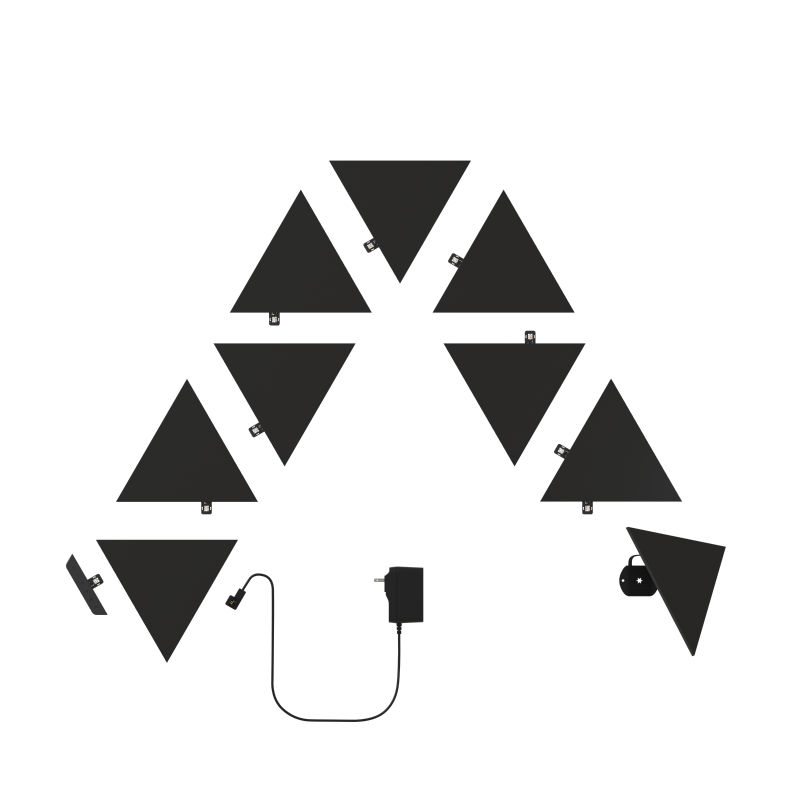 Nanoleaf Shapes Thread enabled color changing black triangle smart modular light panels. 9 pack. Has expansion packs and flex linker accessories. Similar to Philips Hue, Lifx. HomeKit, Google Assistant, Amazon Alexa, IFTTT.
