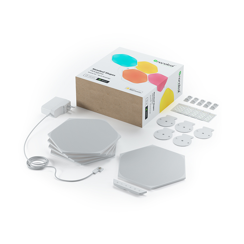 Nanoleaf Shapes Thread enabled color changing hexagon smart modular light panels. 5 pack. Has expansion packs and flex linker accessories. Similar to Philips Hue, Lifx. HomeKit, Google Assistant, Amazon Alexa, IFTTT.