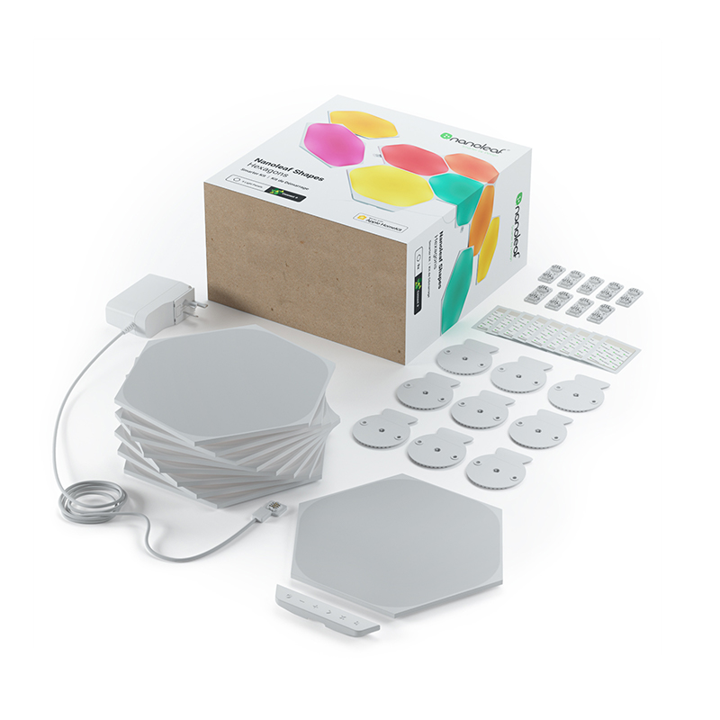 Nanoleaf Shapes Thread enabled color changing hexagon smart modular light panels. 9 pack. Has expansion packs and flex linker accessories. Similar to Philips Hue, Lifx. HomeKit, Google Assistant, Amazon Alexa, IFTTT.