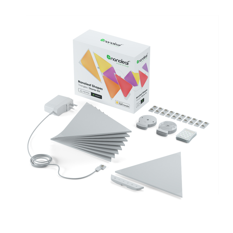 Nanoleaf Shapes Thread enabled color changing triangle smart modular light panels. 9 pack. Has expansion packs and flex linker accessories. Similar to Philips Hue, Lifx. HomeKit, Google Assistant, Amazon Alexa, IFTTT.